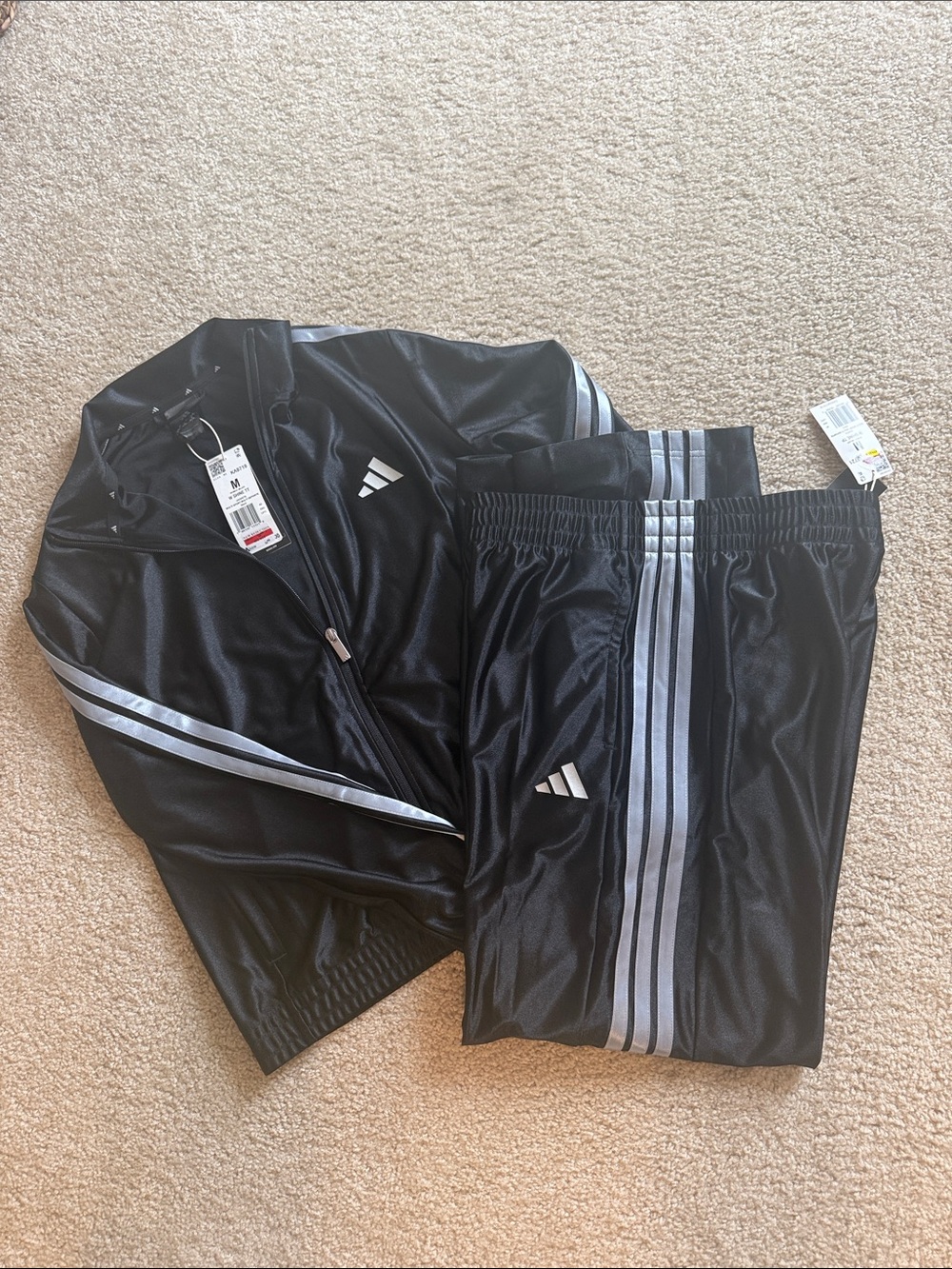 NWT Adidas Black Shine Track Suit with Silver Three-Stripe Detail Size M